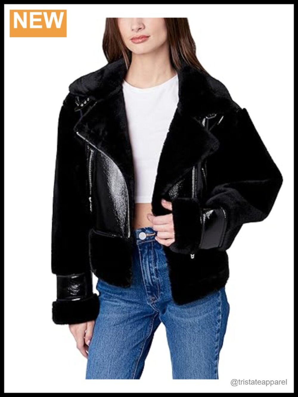 Vegan Leather Faux Fur Moto Jacket Heavyweight Long Sleeve